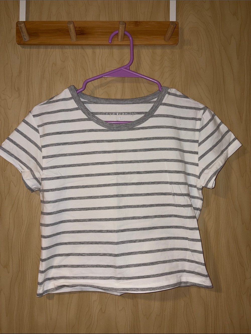 eye candy White & Gray Striped Crop Tee